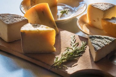 Biberiye dalı ile çeşitli çiftçi peynir bir dizi plakaları ve kirişler akşam güneşin içinde bir kesme tahtası üzerinde yatıyor.