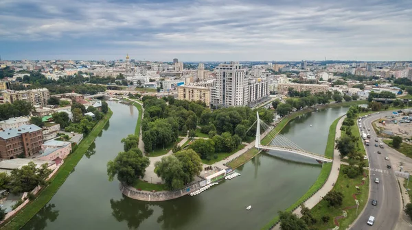 Vista Aérea Flecha Lugar Confluencia Del Río Járkov Río Lopan — Foto de Stock