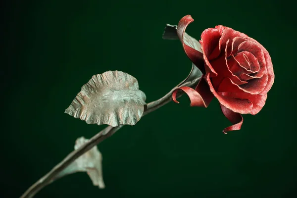 Metal Subiu Com Uma Flor Vermelha Talo Verde Fundo Verde — Fotografia de Stock