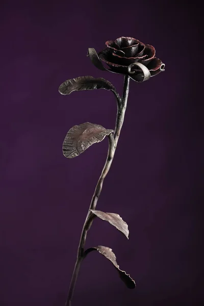 Die Schwarze Rose Aus Metall Auf Violettem Hintergrund — Stockfoto