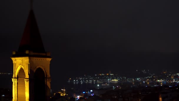 Night Panoramic View Bell Tower Central Historical Part Istanbul Gulf — Stock Video