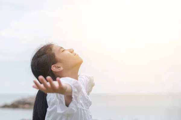 Carefree Young Asian Girl Taking Deep Breath Natural Bliss Fresh — Stock Photo, Image