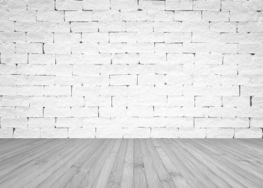 Grunge eski tuğla duvar beyaz renge boyanmış ahşap zemin desenli arka plan açık gri 
