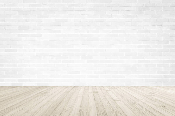 Белая кирпичная стена с деревянным полом текстурированный фон в цвет сепии 