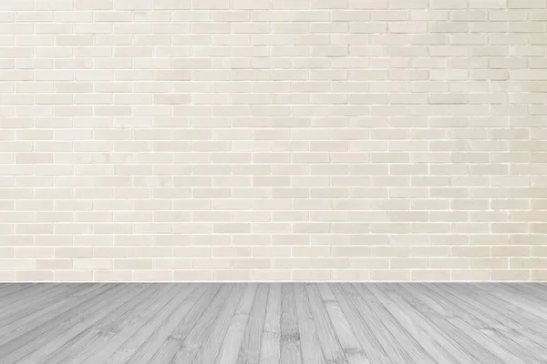Kremowa Brązowa Cegła Ściana Teksturowana Tło Drewnianą Podłogą Kolorze Szarym — Zdjęcie stockowe