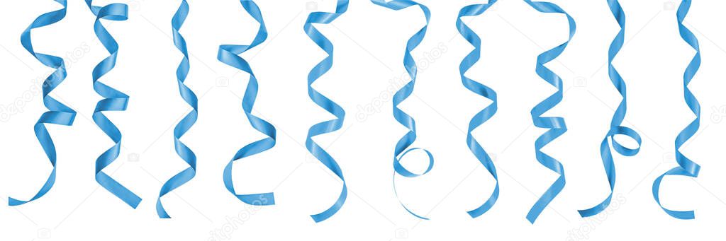 Light blue satin ribbon bow color scroll set isolated on white background with clipping path for holiday and wedding card design decoration