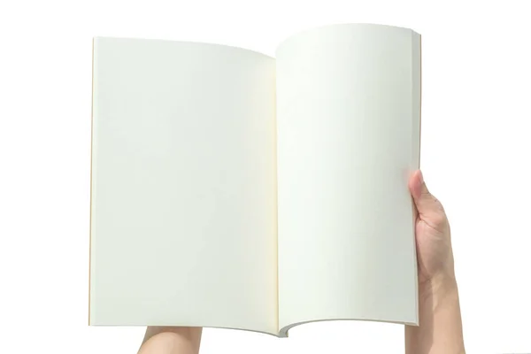 Blank Open Book Makieta Szablon Rękach Kobiety Tekstury Papieru Copyspace — Zdjęcie stockowe