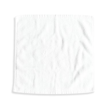 Beyaz pamuk havlu kare kare boyutunda bir silecek oluşturur. Beyaz arkaplanda kırpma yolu ile izole edilmiş, düz üst görünüm yatar. 
