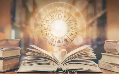 Love horoscope, zodiac sign astrology for foretell and fortune telling education study course concept with horoscopic wheel over old love story book in school library clipart