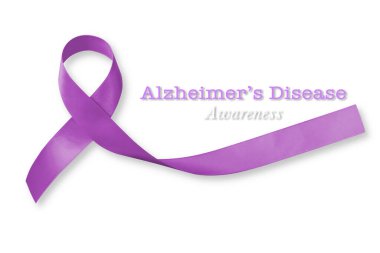 Alzheimer Hastalığı (AD) Dünya Alzheimer Günü (ay) kavramı için beyaz zemin üzerinde izole edilmiş mor kurdeleli mesaj bildirisi