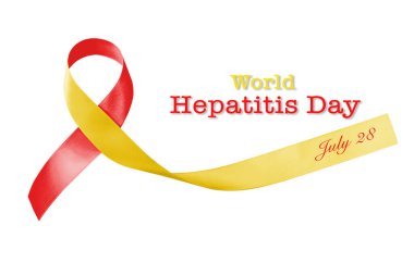 Dünya hepatit günü ve HIV / HCV ortak enfeksiyon farkındalığı kırmızı sarı kurdeleyle (beyaz arkaplanda kırpma yolu ile izole edilmiş))