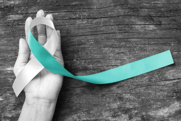 Cervical Cancer Awareness Teal White Ribbon Symbolic Bow Color Woman — Stock Photo, Image