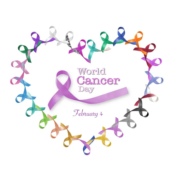 Παγκόσμια Ημέρα Καρκίνου Φεβρουαρίου Στον Κύκλο Της Καρδιάς Πολύχρωμες Μωβ — Φωτογραφία Αρχείου