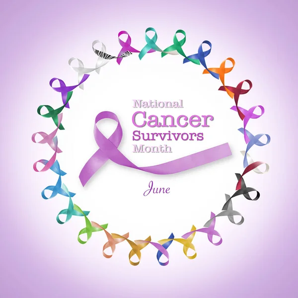 National cancer survivors day, June 5 with multi-color and lavender purple ribbons raising awareness of all kind tumors