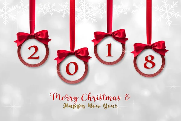 2018 Vrolijk Kerstfeest Gelukkig Nieuwjaar Feest Met Rood Lint Glinsterende — Stockfoto