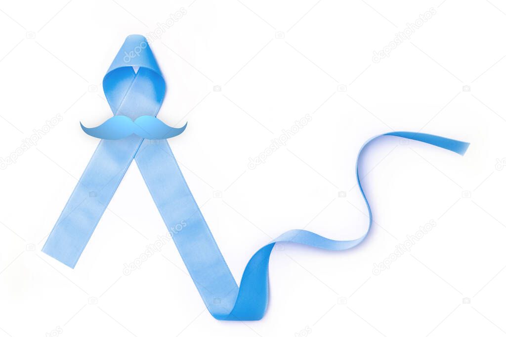 BANGKOK, THAILAND - NOVEMBER 7, 2015: Blue color ribbon symbol illustrated designed with moustache sign on white background for raising awareness on men's health and prostate cancer in November
