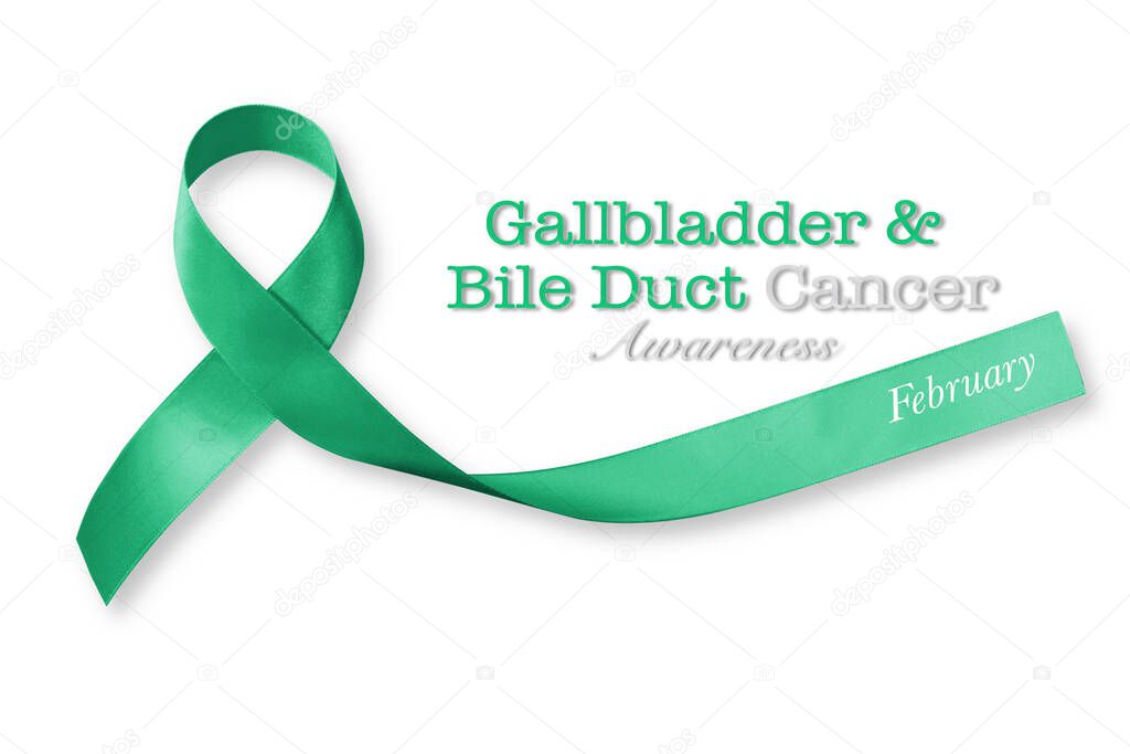 Gallbladder and Bile Duct Cancer Awareness ribbon kelly green (isolated with clipping path)