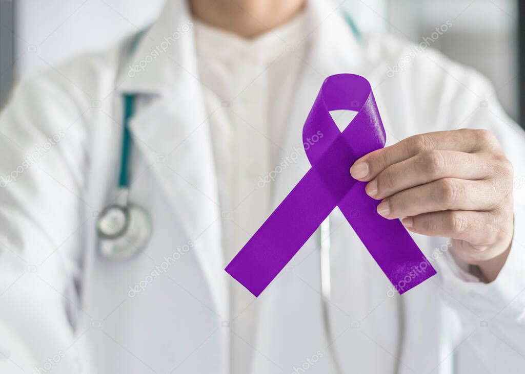 Plum purple ribbon for raising awareness on Alzheimer's disease, breastfeeding, eating disorder, national family caregivers month and epilepsy illness with bow in doctor's hand support