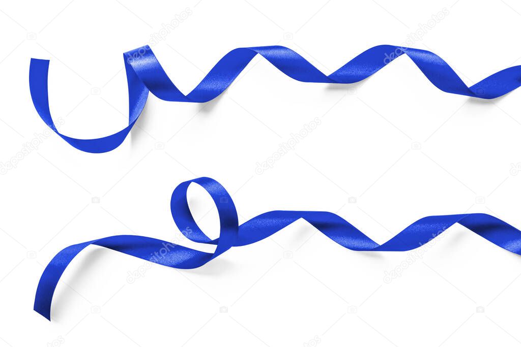 Dark blue ribbon satin curly bow color (isolated with clipping path) on white background for holiday decoration element