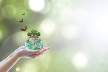 Çevreyi korumak için gönüllülerin eline yeşil küre ve ağaç ağacı dikmek doğa koruma ve CSR kavramı: NASA tarafından desteklenen görüntü elementi