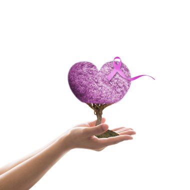 Lavender purple ribbon on heart love tree, symbolic concept raising support people living with all kinds of Cancer awareness clipart