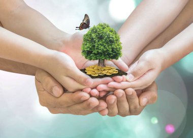 Retirement planning, family financial investment and legacy concept with father parent support children's hands growing tree with wealthy gold coins clipart