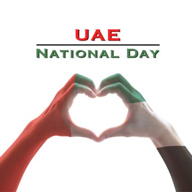 UAE, United Arab Emirate national flag pattern on people's hands in heart shape on white background clipart