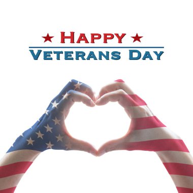 ABD Mutlu Gaziler Günü. Amerika Birleşik Devletleri bayraklı bayrak desenli kalp şeklinde Amerikan ülkesine hizmet eden tüm gazileri anons ediyor. 