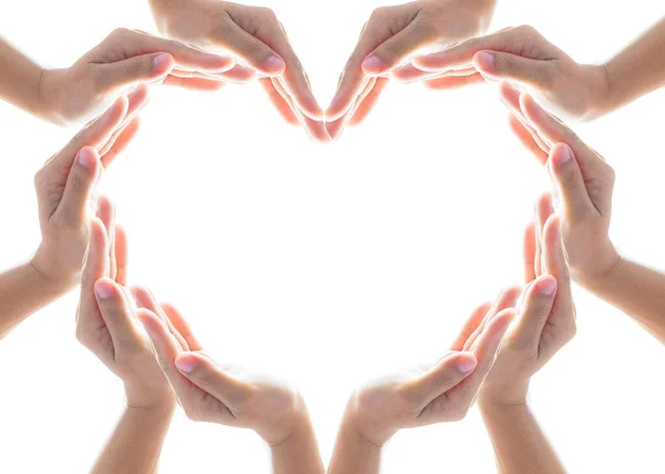 Coração Forma Colaboração Mão Das Pessoas Mulher Isolado Fundo Branco — Fotografia de Stock