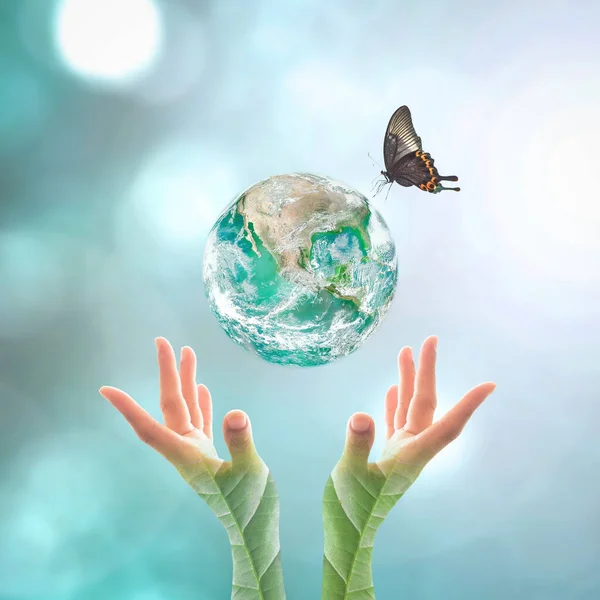 Earth Day Zielona Koncepcja Dużą Zieloną Planetą Rękach Ludzi Liści — Zdjęcie stockowe