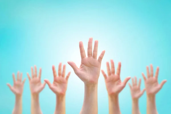 Many People Women Hands Raising Showing Vote Volunteer Participation Rights — Stock Photo, Image