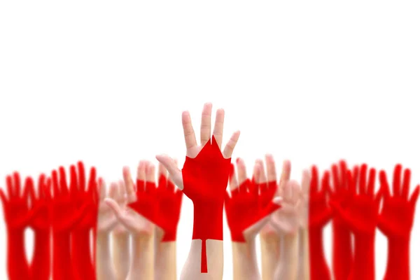 Kanada Flagga Mönster Folks Hand Höja Upp Blå Himlen För — Stockfoto