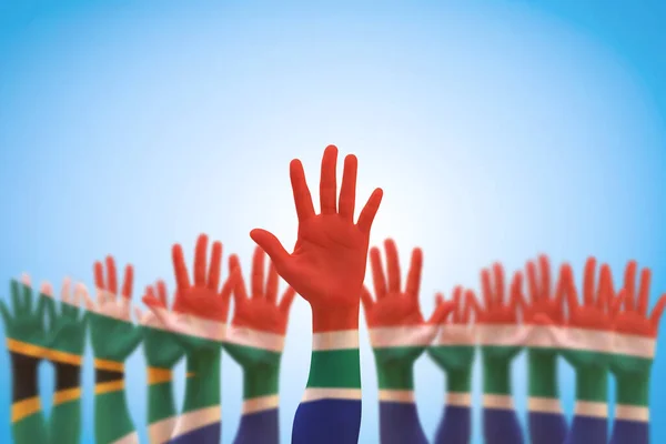 Національний Прапор Південної Африки Руках Людей Піднятих Вгору Ізольовано Відсіканням — стокове фото