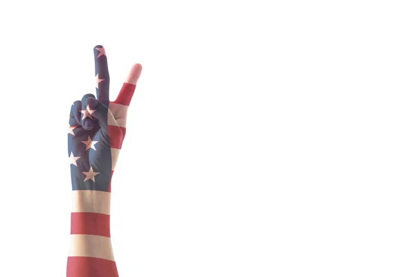 Νίκη Σύμβολο Και Αμερικανικό Πρότυπο Σημαία Στο Χέρι Των Ανθρώπων — Φωτογραφία Αρχείου