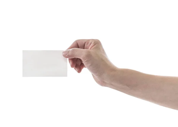 Mão Segurando Modelo Cartão Visita Branco Isolado Fundo Branco Com — Fotografia de Stock