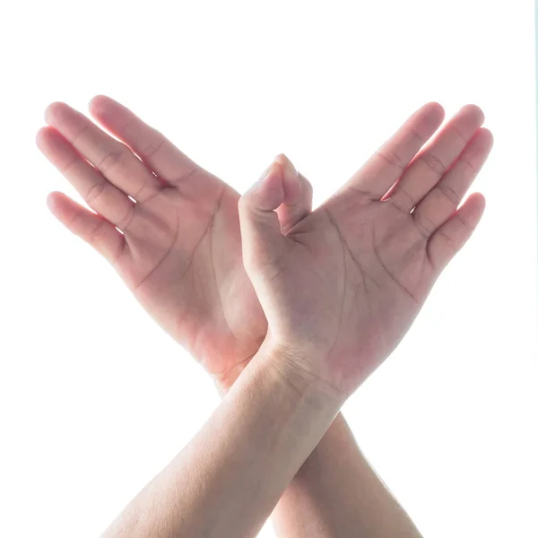 Mãos Mulher Isolada Forma Borboleta Voando Fundo Branco — Fotografia de Stock