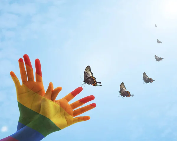 Zero Discrimination Day Concept Rainbow Flag Pattern People Hand Butterfly — Stock Photo, Image