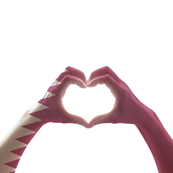 Patrón Bandera Qatar Las Manos Las Personas Forma Corazón Para — Foto de Stock