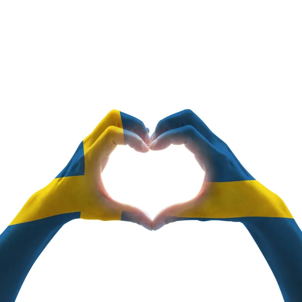 Flaga Szwecji Ludzi Kształt Serca Ręce Białym Tle — Zdjęcie stockowe