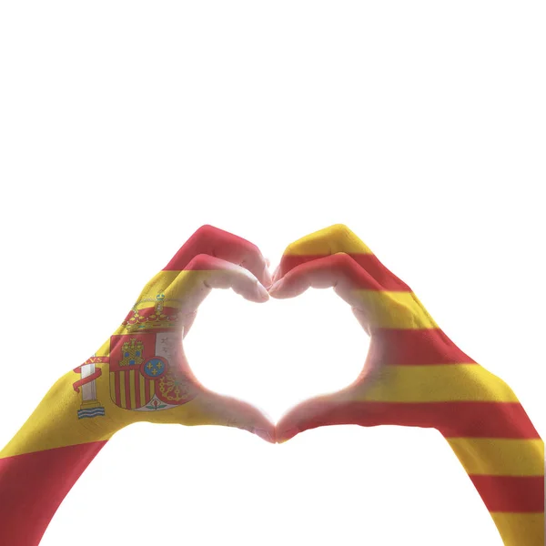Katalonien Estelada Flagga Och Spanien Flagga Catalunya Folkets Hjärtformade Händer — Stockfoto