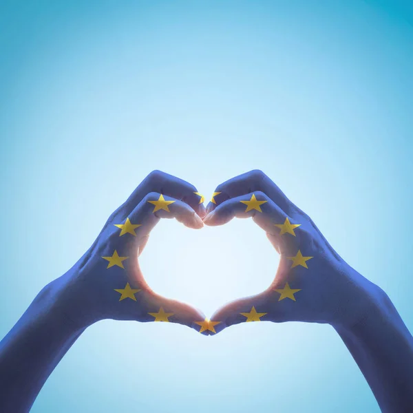 European Union Flag Pattern People Hands Heart Shape Blue Sky — Stock Photo, Image