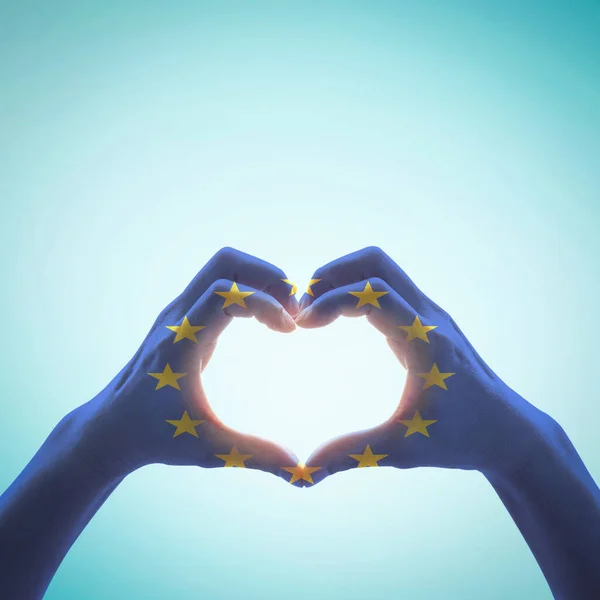 European Union Flag Pattern People Hands Heart Shape Blue Sky — Stock Photo, Image