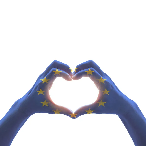 European Union Flag Pattern People Hands Heart Shape Isolated White — Stock Photo, Image