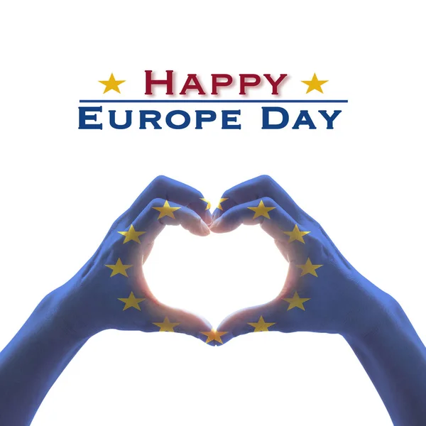Днем Щасливої Європи Прапором Руках Людей Формі Серця Ізольовані Білому — стокове фото