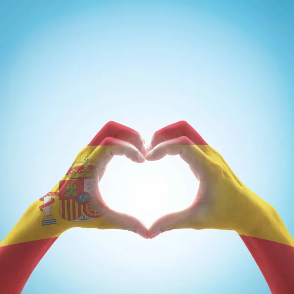 Spain National Flag Pattern People Hand Heart Shape Clipping Path — Stock Photo, Image