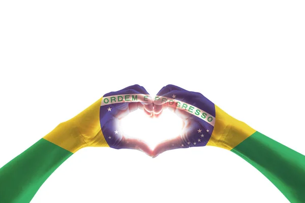 Флаг Бразилии Руках Людей Форме Сердца Дню Труда Празднованию Национального — стоковое фото