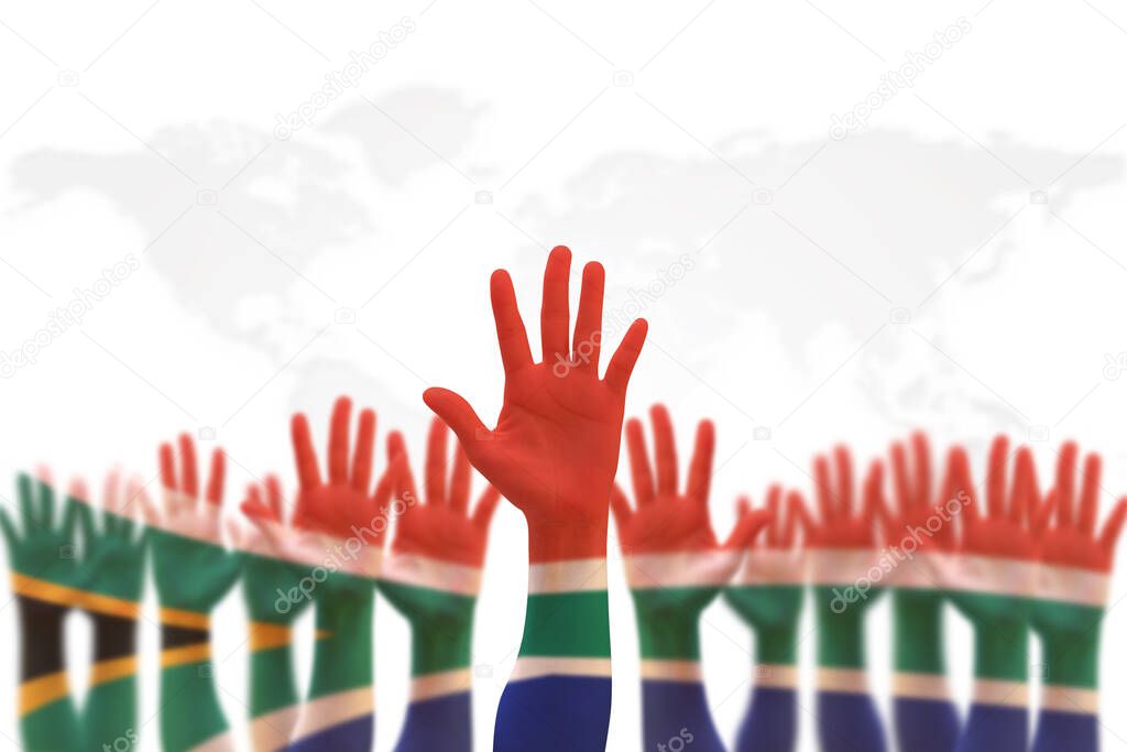 South Africa national flag on leader's palms  (clipping path) isolated on white background for human rights, leadership, reconciliation concept