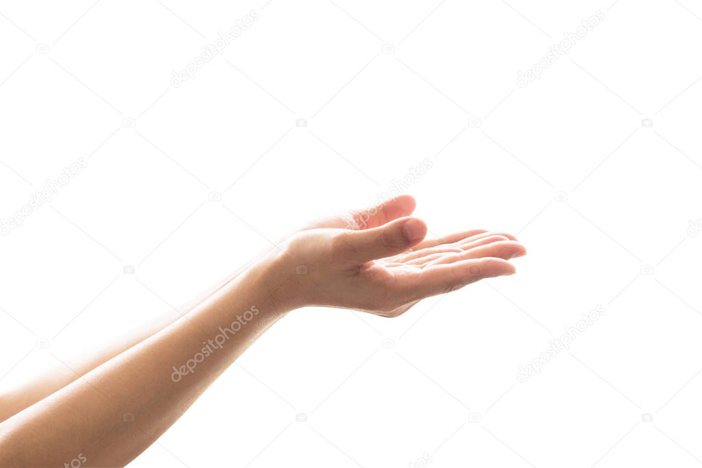 Pray for support concept with Isolated female empty open hand with palm raised upwar