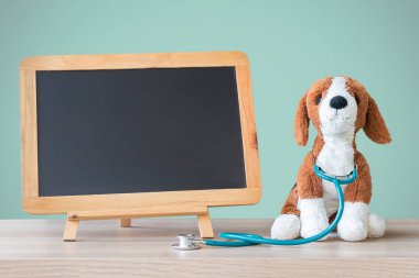 Pediatric doctor for children medical healthcare and child nursing care with dog toy, stethoscope and blank black chalkboard copy space background on clinical  pediatrician's work table in hospital clipart