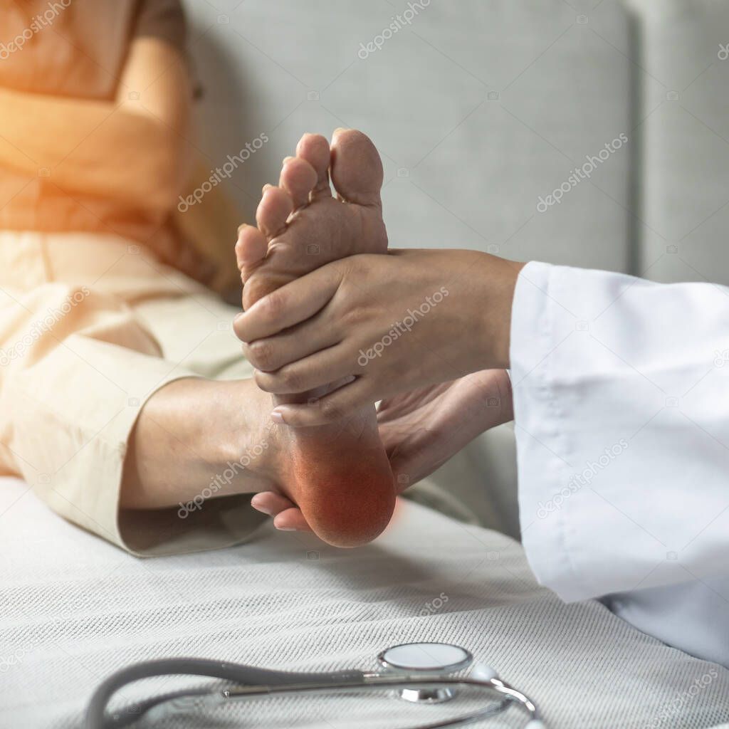 Plantar Fasciitis or heel pain illness in feet of woman patient who having medical exam with orthopaedic doctor on aching tendon, inflammation or disorder of the connective tissue on foot and toe